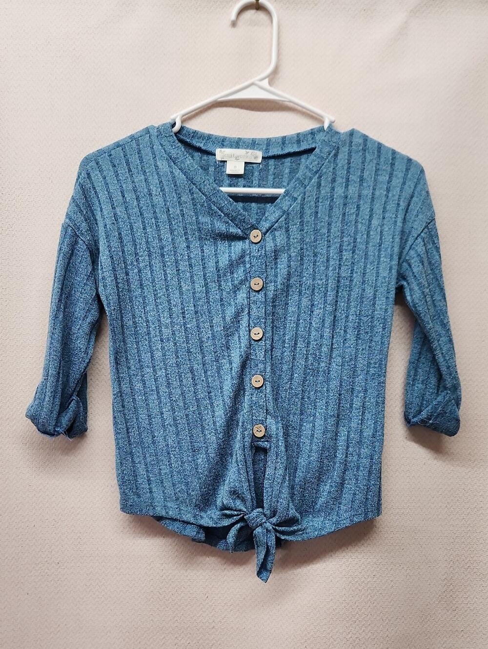 Knitworks Dusty Blue Ribbed Button-Front Tie-Hem Top
